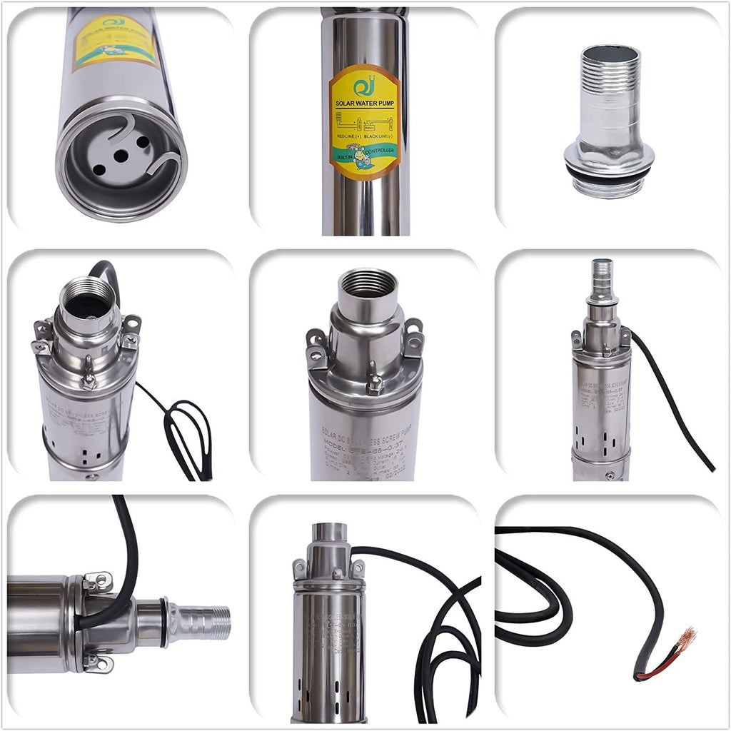 Submersible Deep Well Pump Solar Water Pump DC 24V 370W  Steel Screw Pump, 213ft Lift 8.8GPM Flow, Agricultural Irrigation Pump Solar Water Circulating System