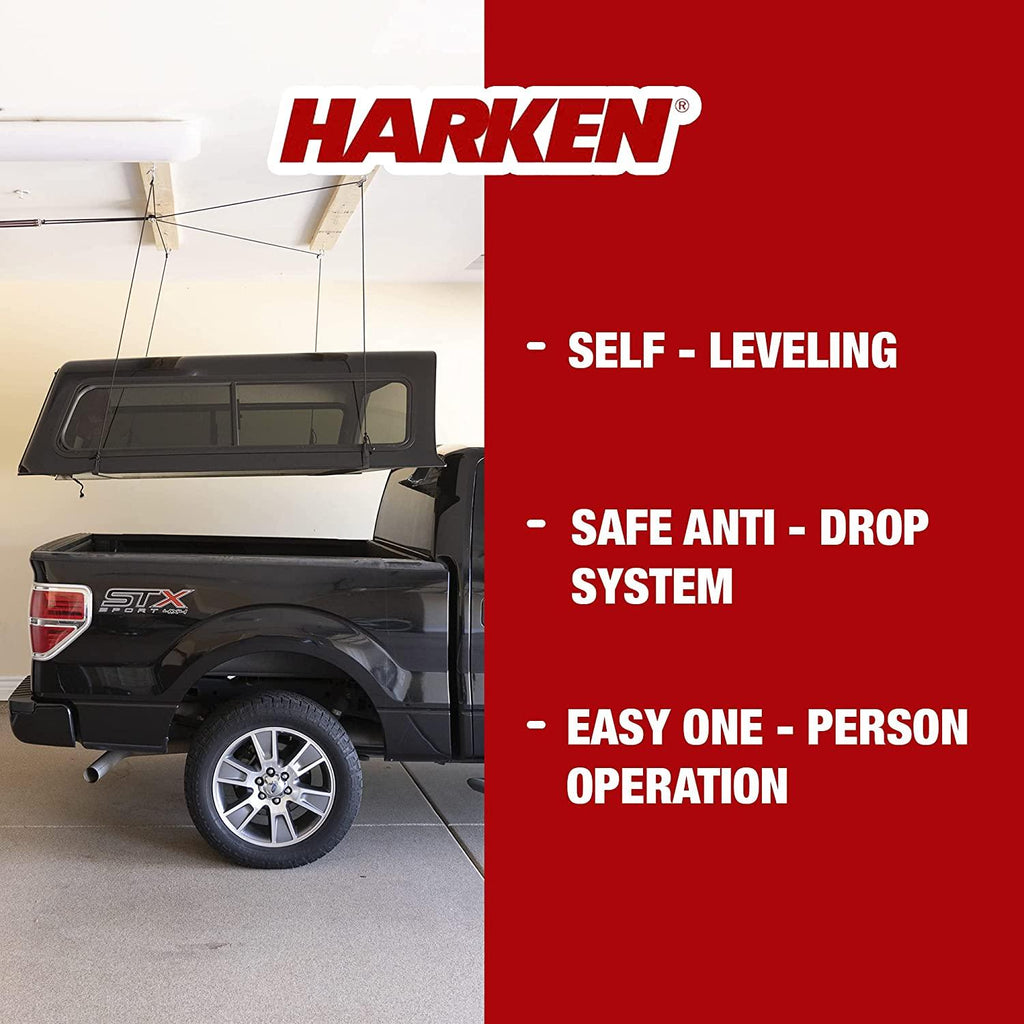 HARKEN - Truck Cap Overhead GaraStoraHoist, Self-Leveling, Safe Anti-Drop System, Easy One-Person Operation, Smart GaraOrganization