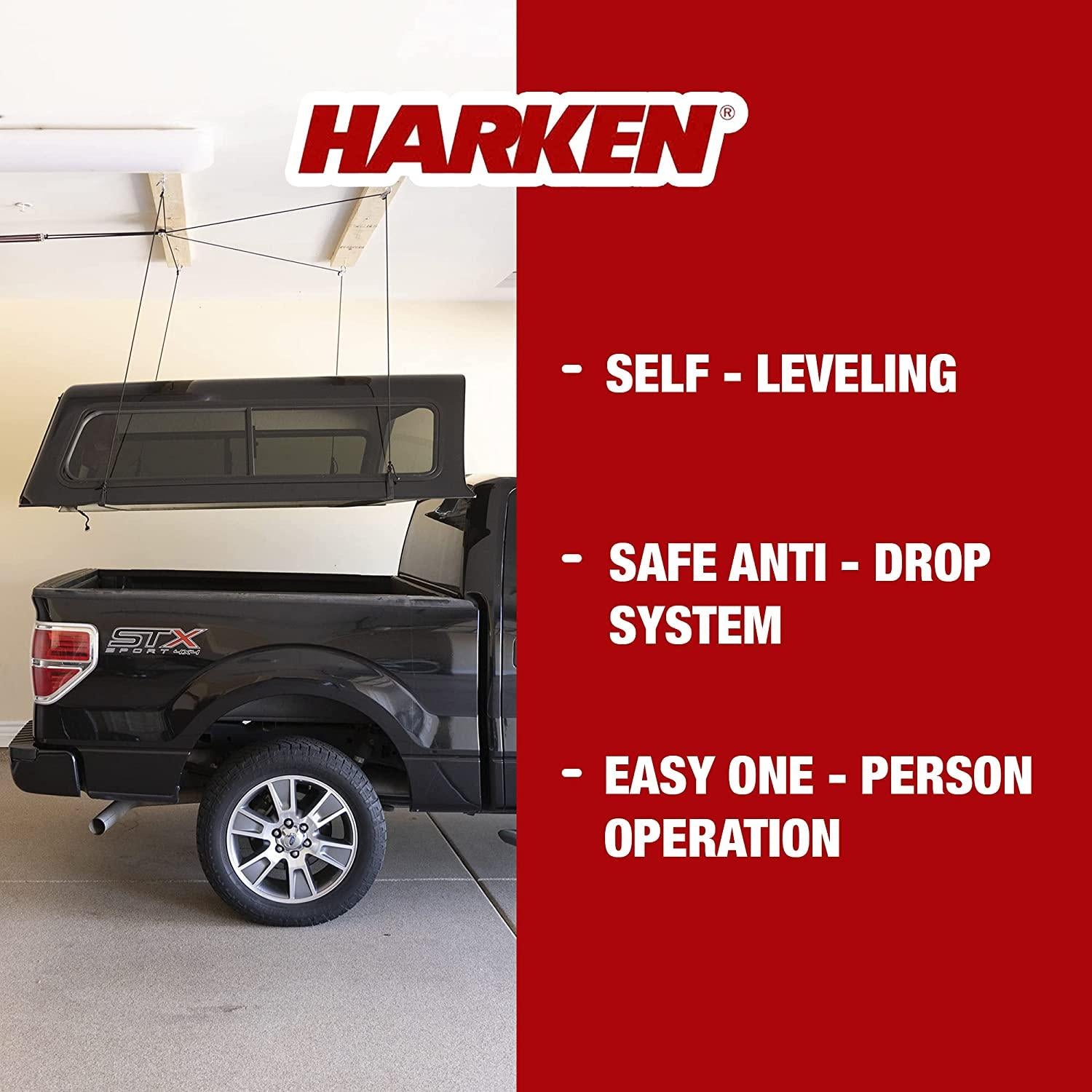HARKEN - Truck Cap Overhead GaraStoraHoist, Self-Leveling, Safe Anti-Drop System, Easy One-Person Operation, Smart GaraOrganization