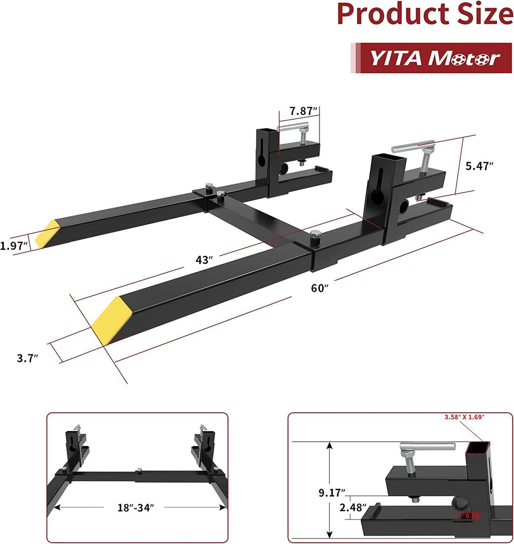 YITAMOTOR 60" 4000LBS Clamp on Pallet Forks Light Duty Forks for Tractor Loader Bucket with Adjustable Stabilizer Bar