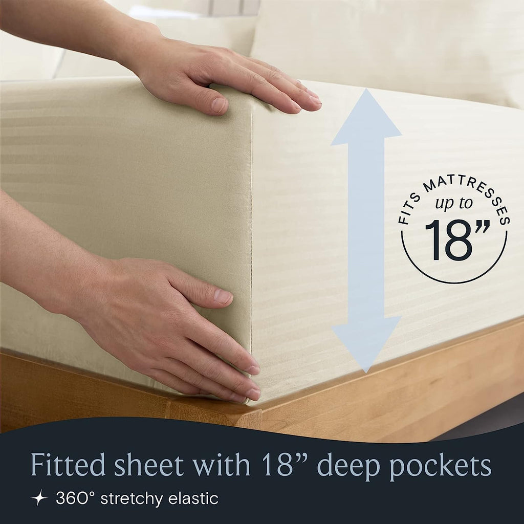 LuxClub Striped Sheets Set, 6 PC Striped Bed Sheets Full Size, Deep Pockets 18" Eco Friendly Wrinkle Free Cooling Sheets Machine Washable Hotel Bedding Silky Soft (Full, Striped Cream)