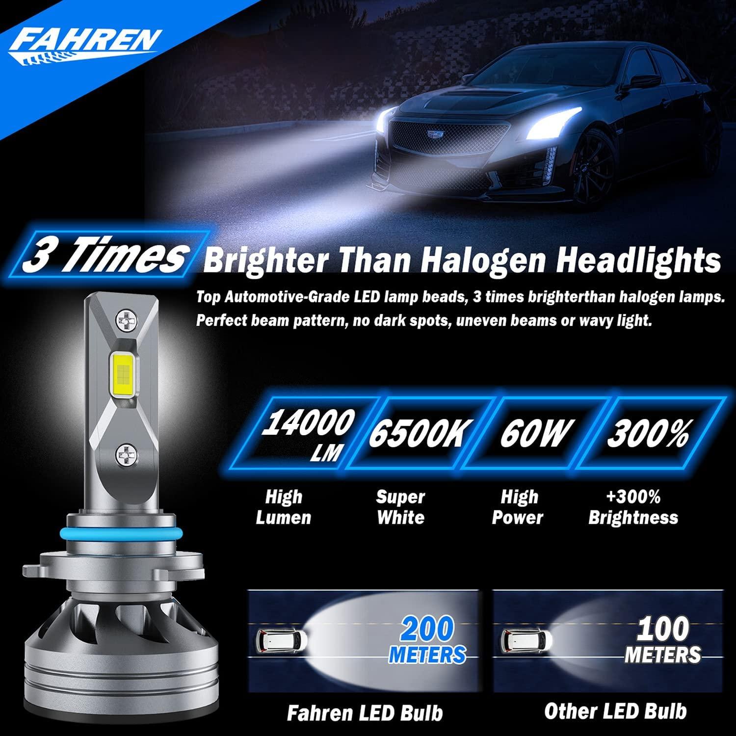 FAHREN 9005/HB3 Bulbs, 60W 14000 Lumens Super Bright LED Headlights Conversion Kit 6500K Cool White IP68 Waterproof, Pack of 2
