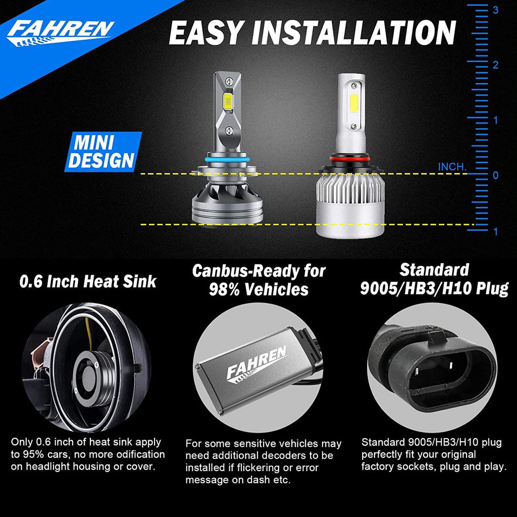FAHREN 9005/HB3 Bulbs, 60W 14000 Lumens Super Bright LED Headlights Conversion Kit 6500K Cool White IP68 Waterproof, Pack of 2