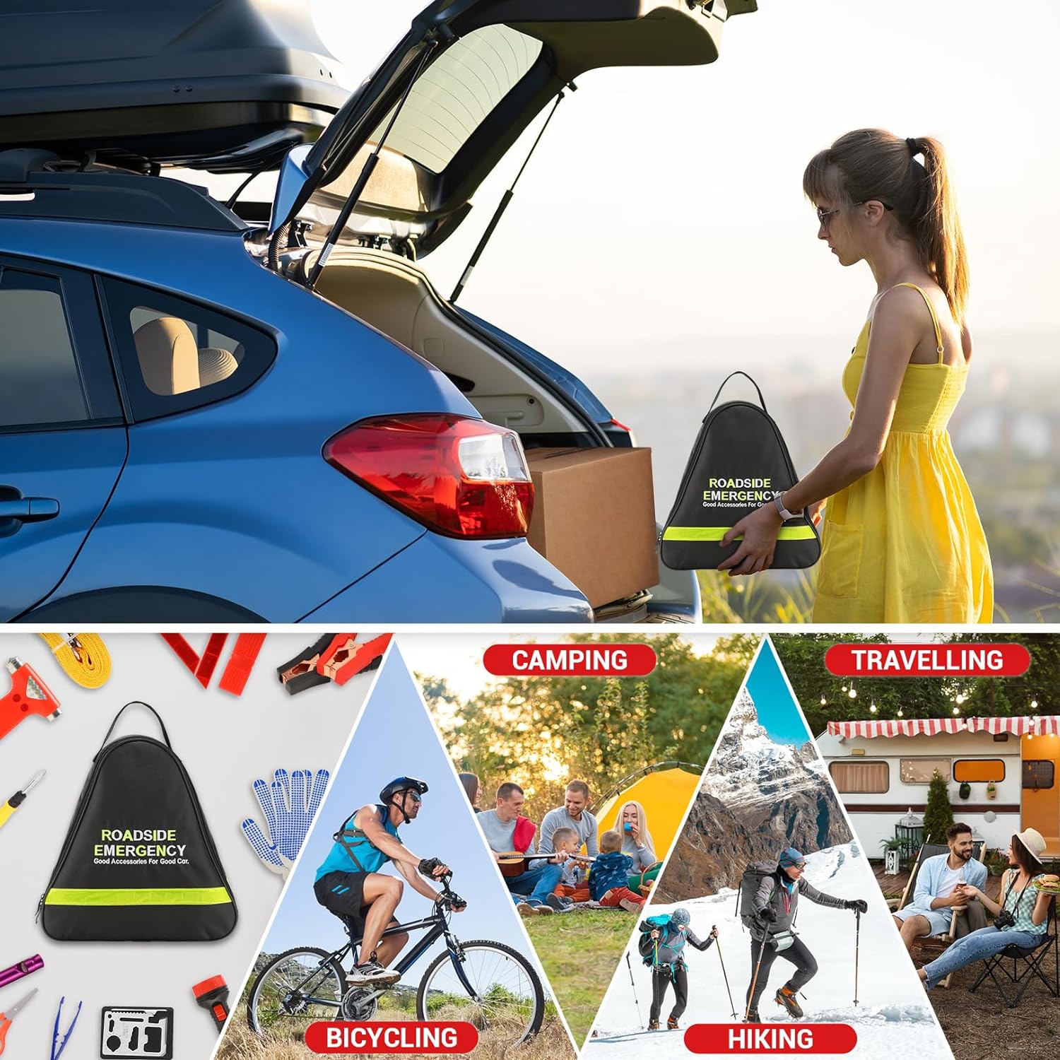 Car Emergency Kit, 23 in 1 Multifunctional Roadside Assistance Auto Safety Kit, First Aid Kit, Jumper Cables, Tow Rope, Triangle, Flashlight, Safety Hammer, and More Ideal Survival Pack Accessories