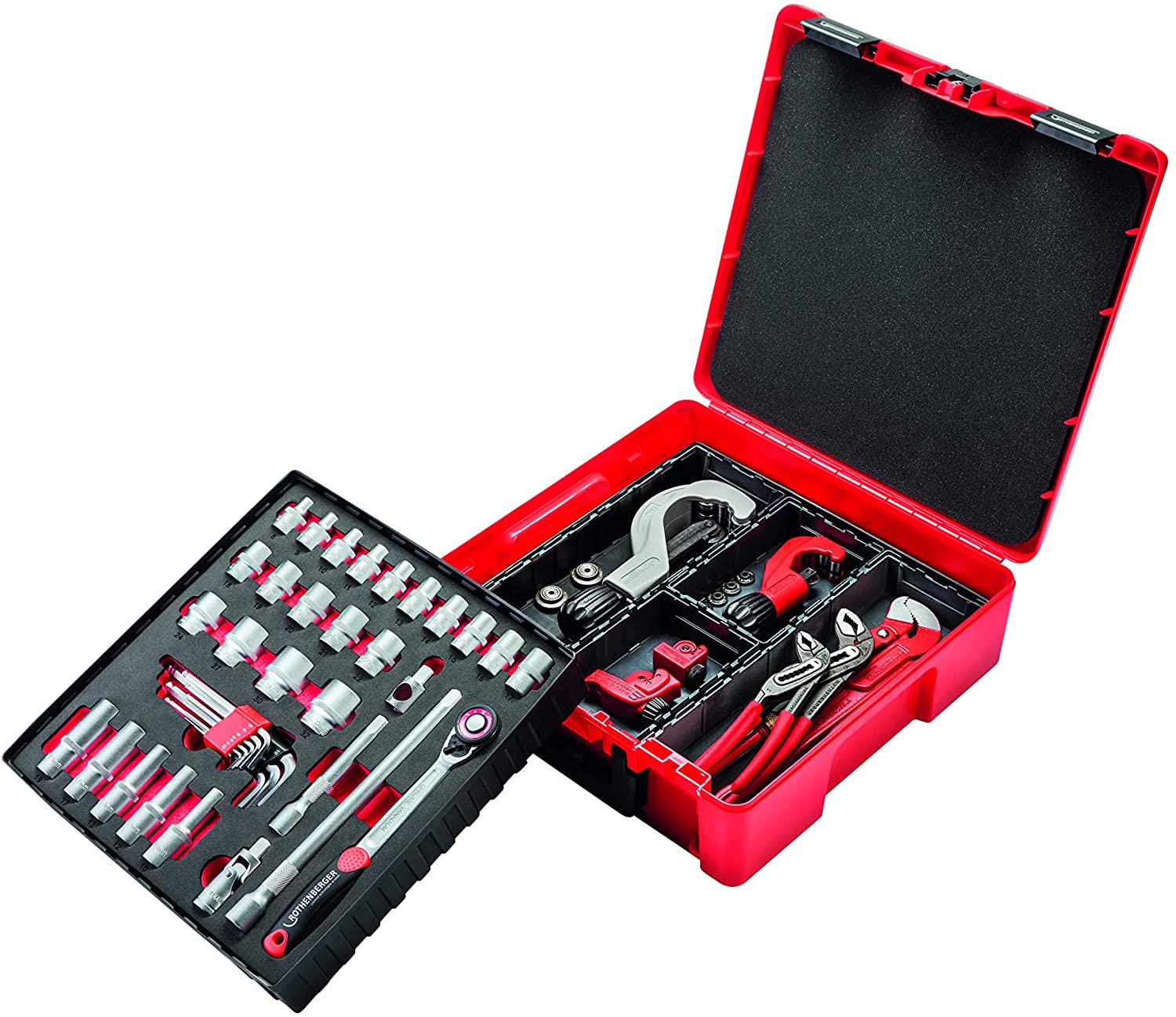 Rothenberger 1000002198 ROCASE Tool Set Beartbeitung with One Hand Pipe Wrench Hexagonal Socket Wrench Set, Red