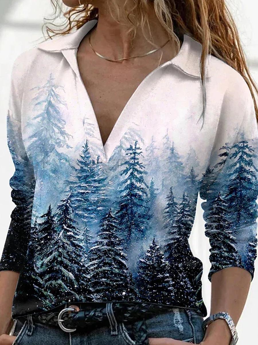 V-neck Tree Print Casual Long-sleeved T-shirt