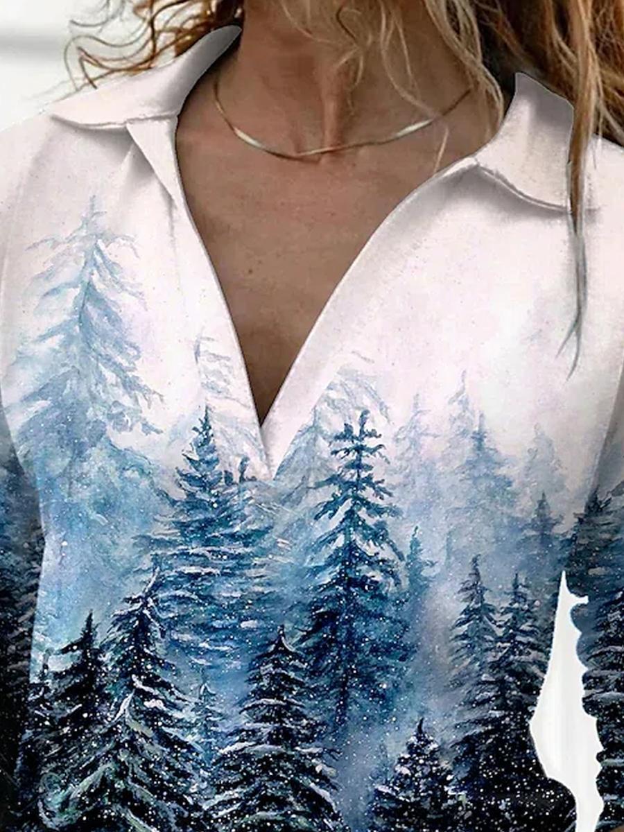 V-neck Tree Print Casual Long-sleeved T-shirt