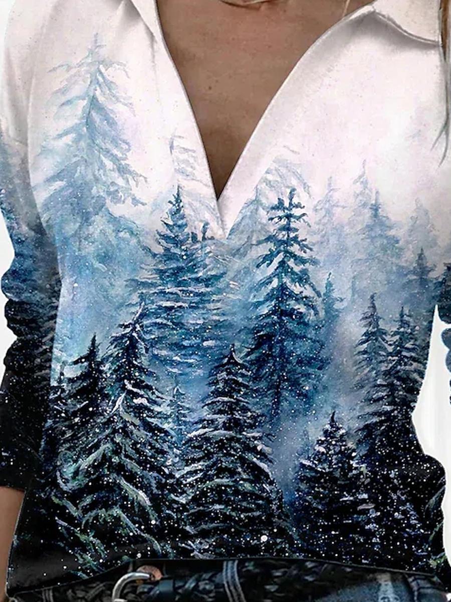 V-neck Tree Print Casual Long-sleeved T-shirt