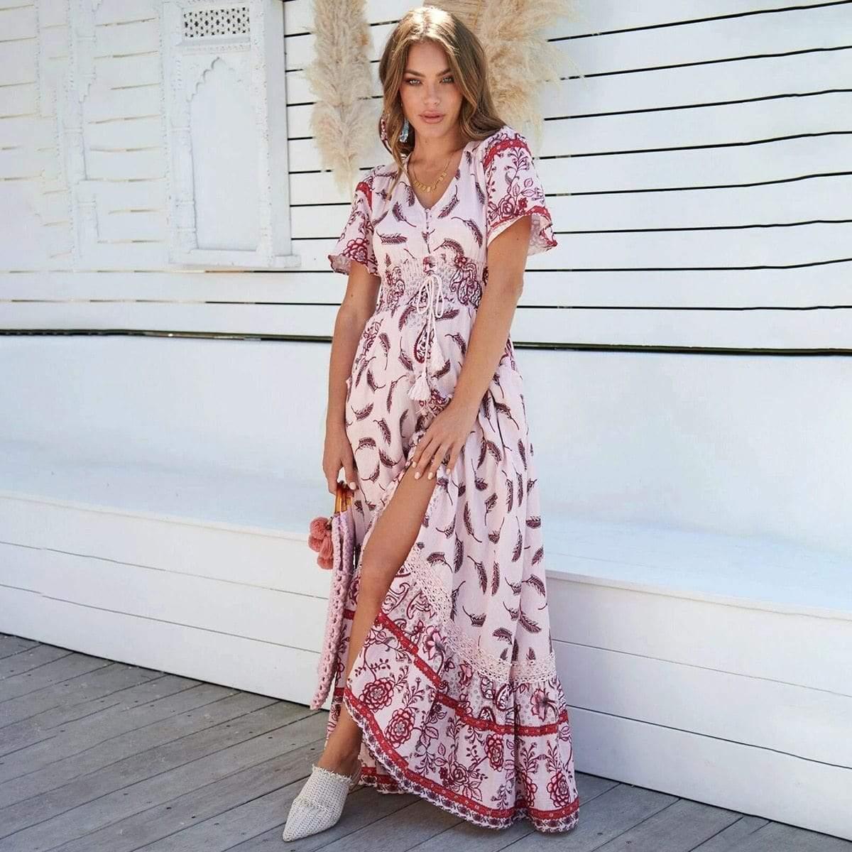 short sleeve split belted flowy maxi dress