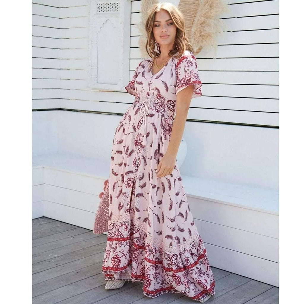 short sleeve split belted flowy maxi dress
