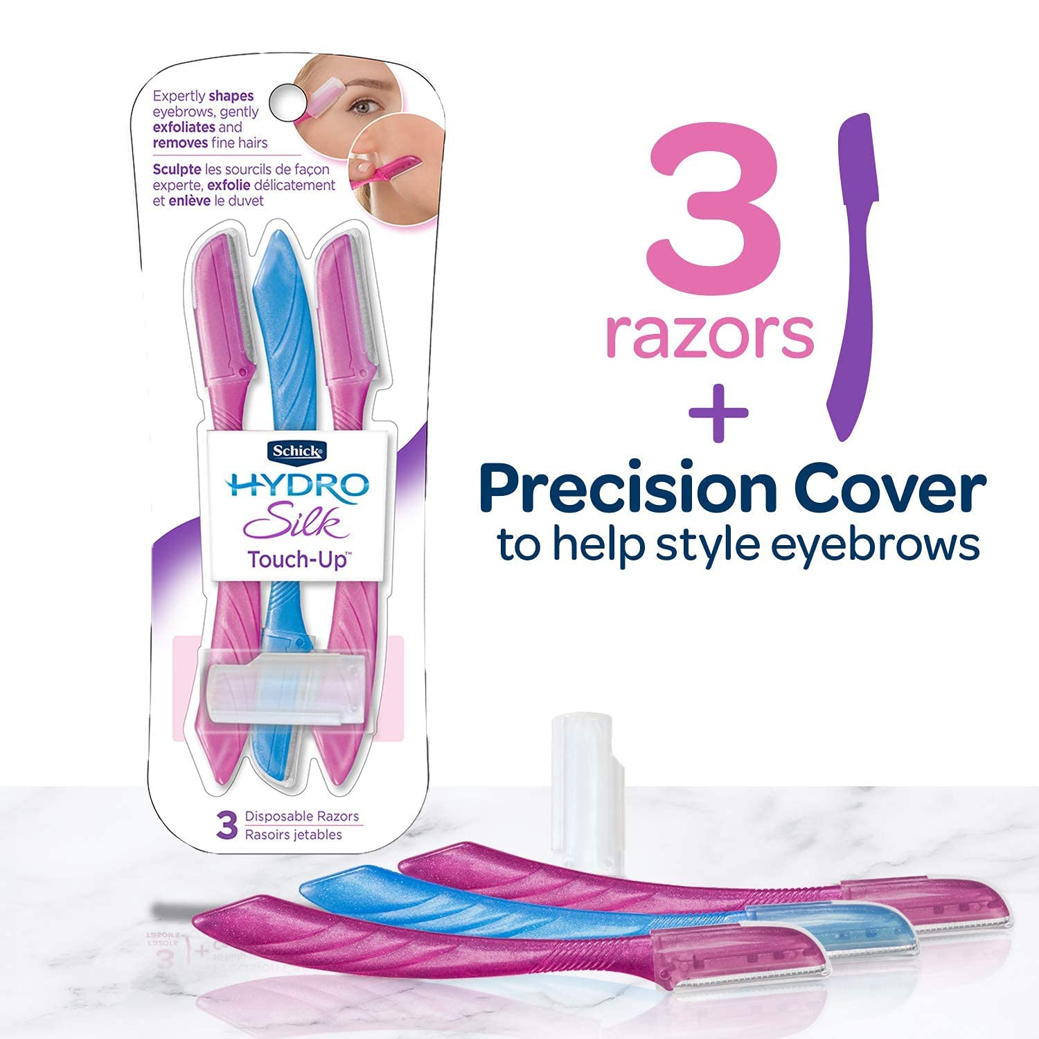 Schick Hydro Silk Touch-Up Exfoliating Dermaplaning Tool, Face &amp; Eyebrow Razor with Precision Cover- 3 Count | Dermaplaning Razor For Women