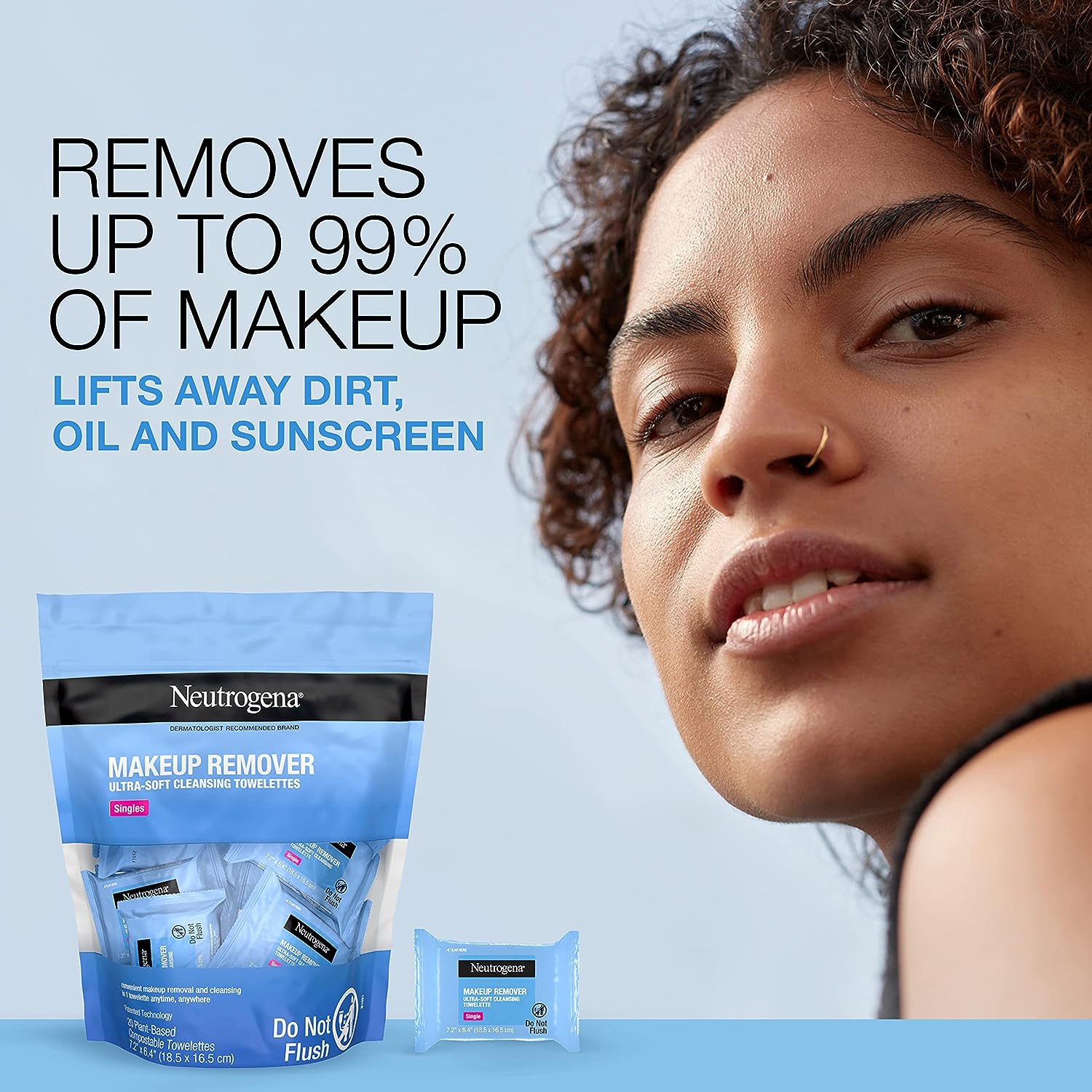 Neutrogena Makeup Remover Wipes Singles, Daily Facial Cleanser Towelettes, Gently Removes Oil &amp; Makeup, Alcohol-Free Makeup Wipes, Individually Wrapped, 20 ct