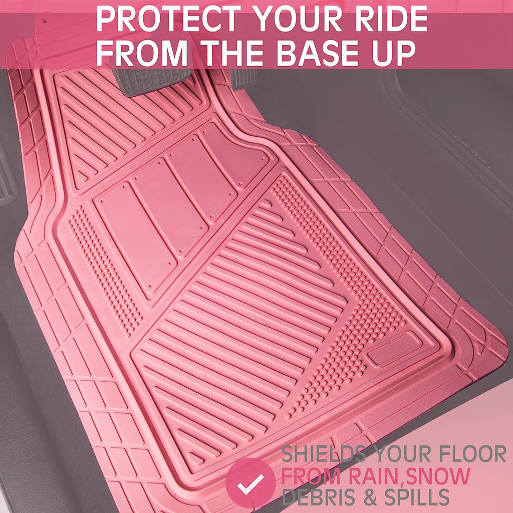 CAR PASS Heavy Duty Rubber Floor Mats Pink 4-Piece Car Mat Set - Universal Waterproof Floor Mats for Car SUV Truck, Durable All-Weather Mats，Car Mats for Women,Girly(All Pink)