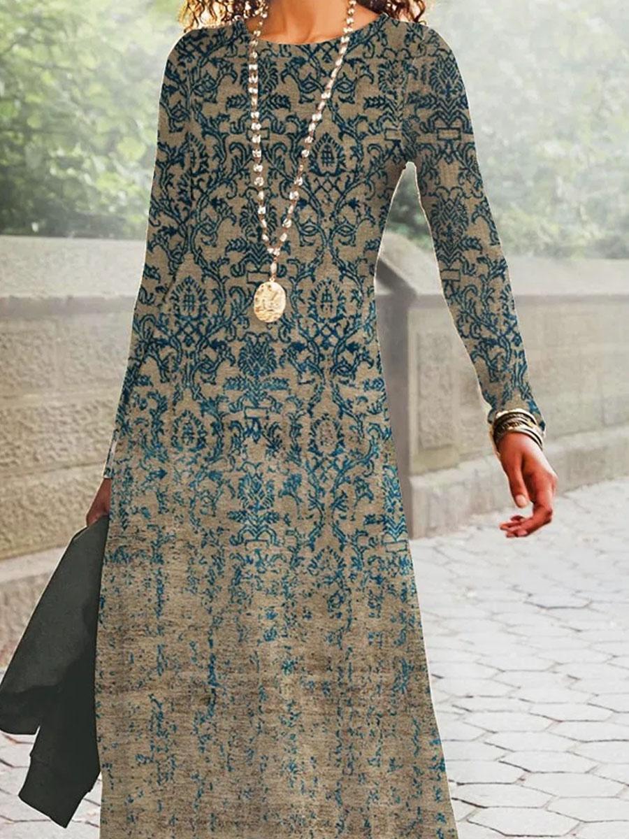 Retro Print Casual Long-sleeved Maxi Dress