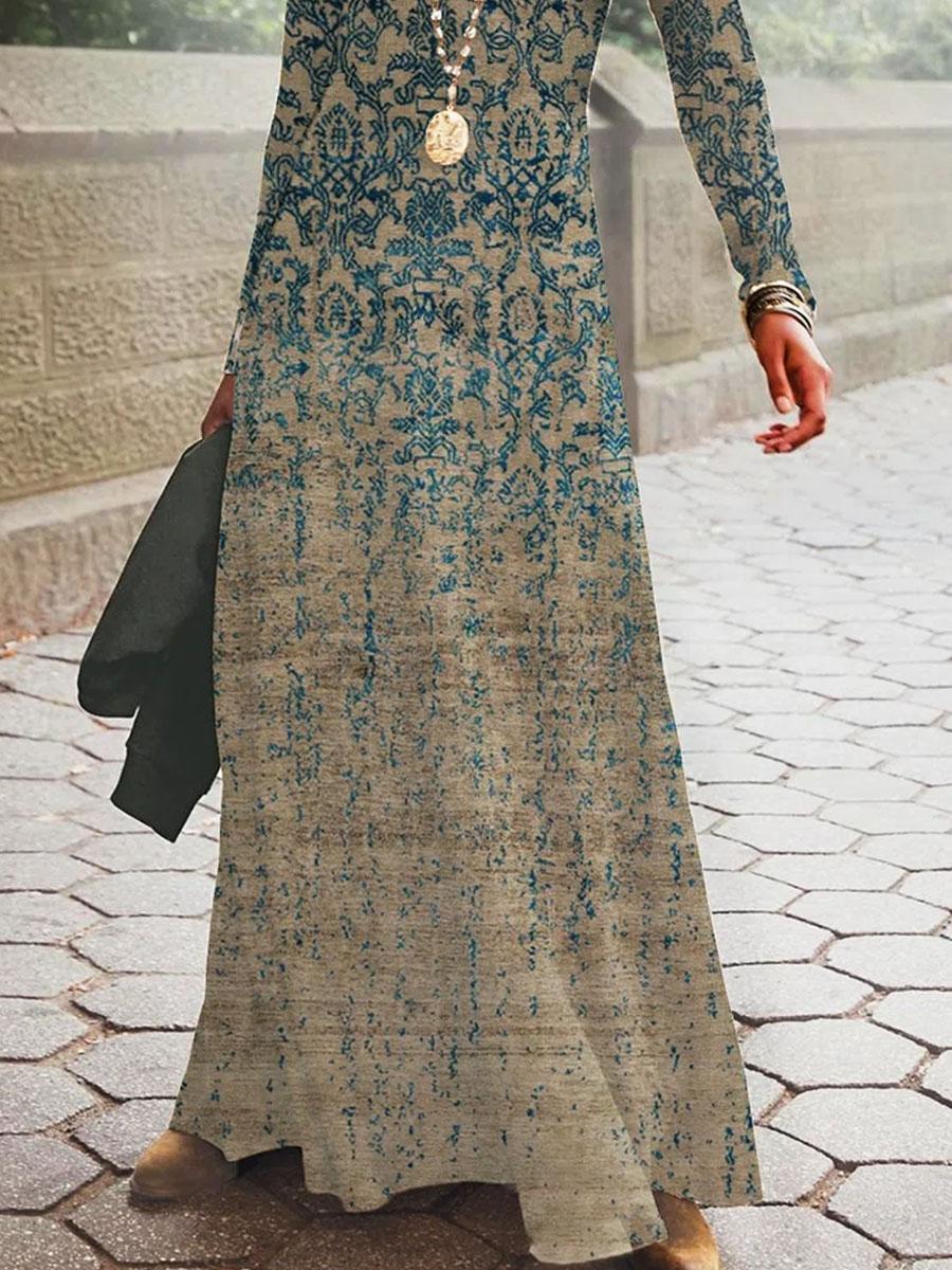 Retro Print Casual Long-sleeved Maxi Dress