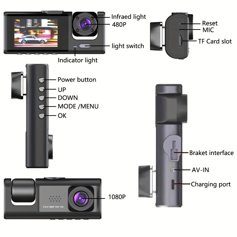 Camera FHD 1080P 3-Channel Dash Camera Front And Rear Inside Dash IR Night Vision Loop Recording G-Sensor Car DVR Camera With 2-Inch IPS Screen 3 Cameras