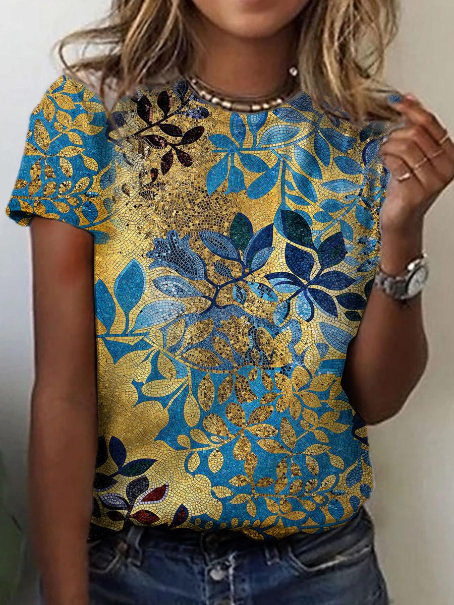Women's leaf-printed gilt T-shirt