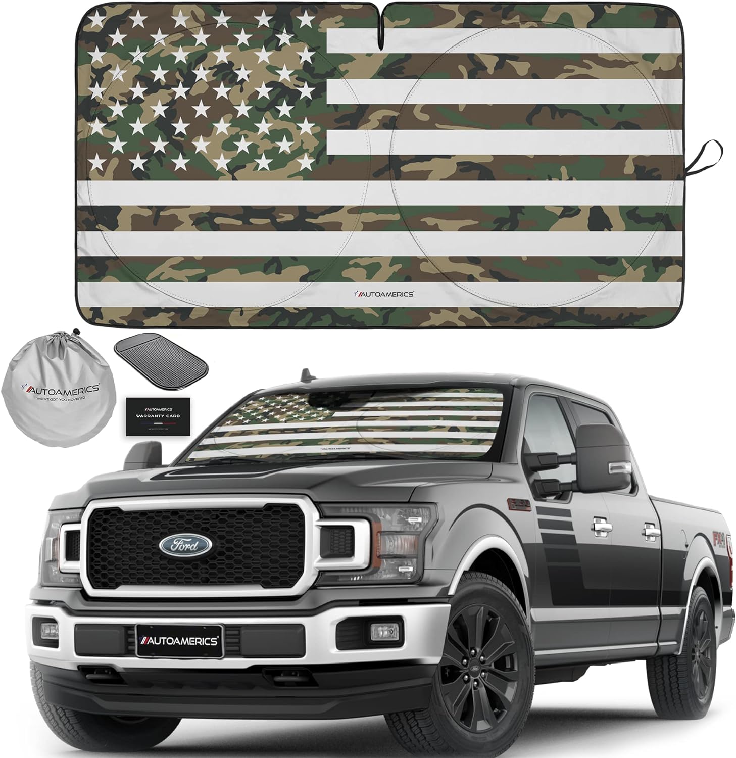 Autoamerics 1-Piece Windshield Sun Shade ERDL Camo American Flag USA  - Foldable Car Front Window Sunshade for Most Sedans SUV Truck - Blocks Max UV Rays and Keeps Your Vehicle Cool - X-Large
