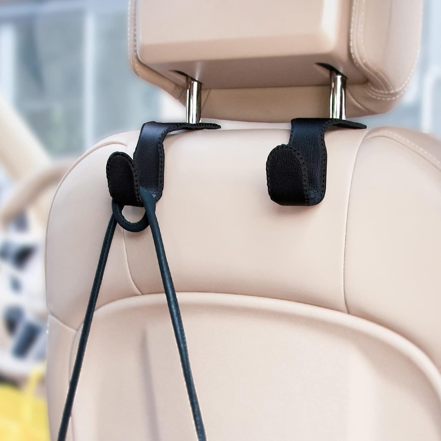 EldHus Headrest Hooks for Purses and Bags, 2 Pack Seat Hooks for Grocery Bag Handbag, Metal Car Purse Holder Covered by Leather