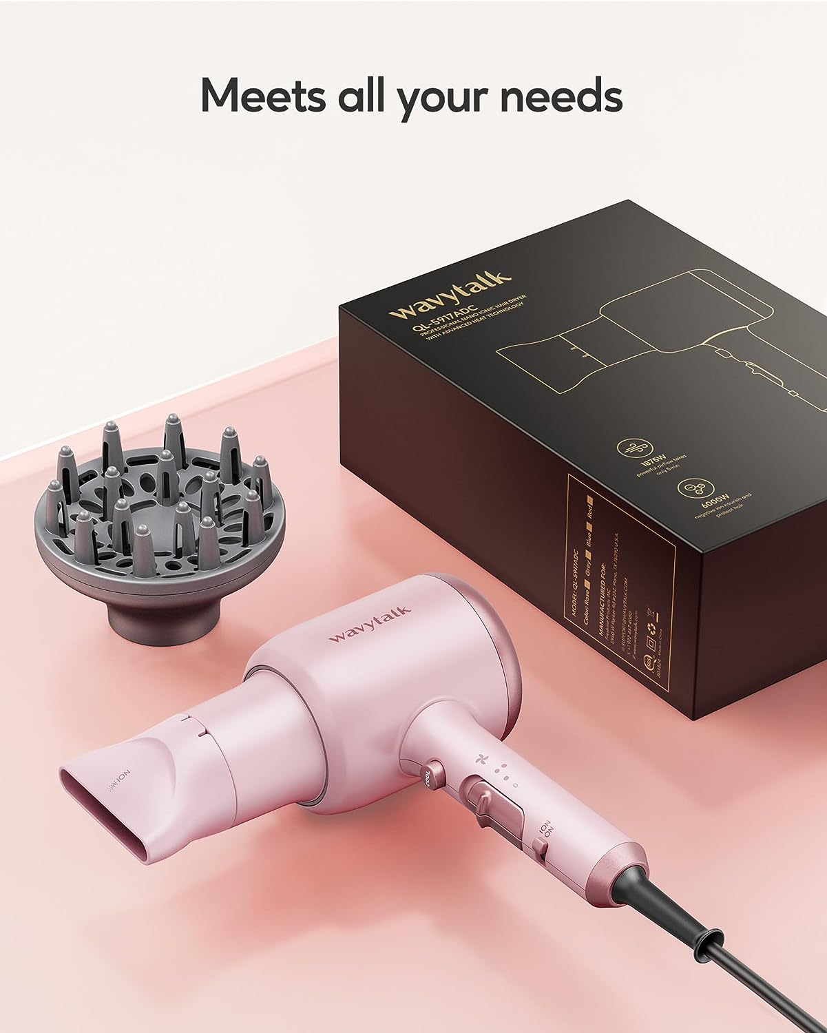 Wavytalk Professional Hair Dryer with Diffuser 1875W Power Dryer, Blow Dryer Ionic Hair Dryer for Women with Constant Temperature, Diffuser Hair Dryer Fast Drying &amp;Low Noise, Millennial Pink