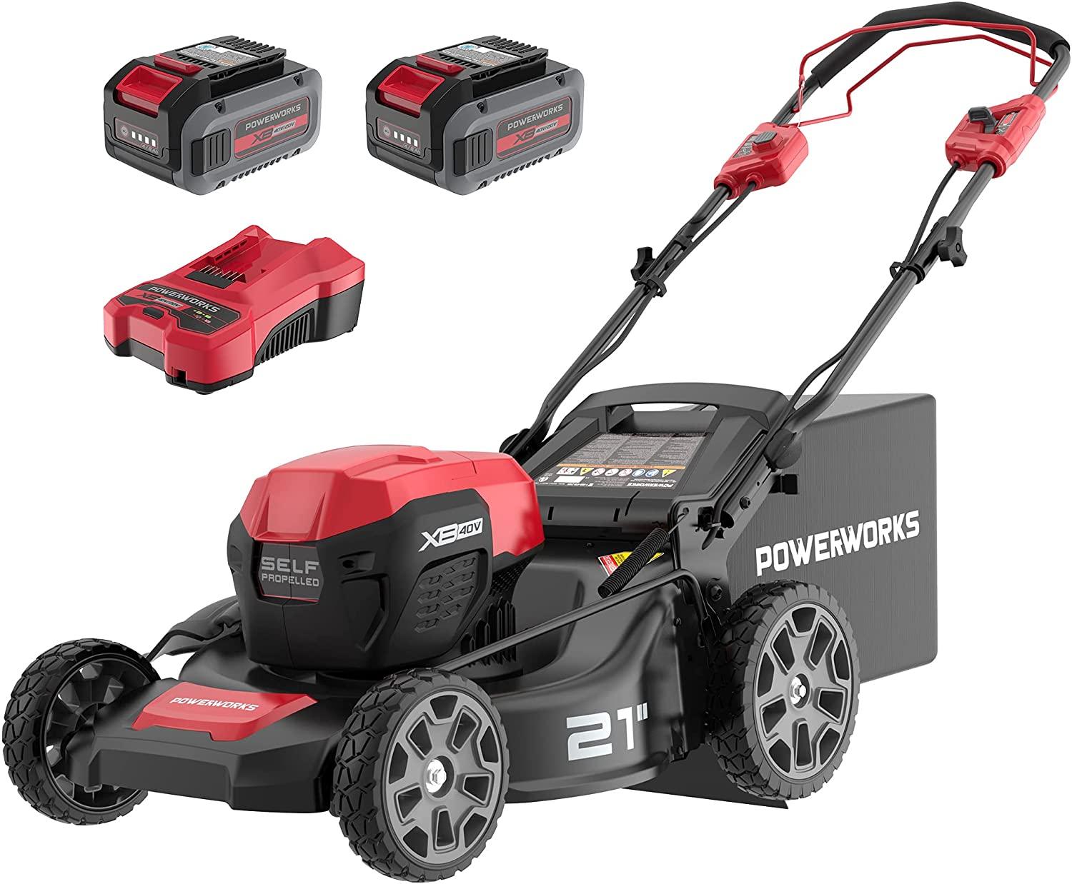 Powerworks XB 40V 21" Brushless Cordless Push Mower, Electric Self-Propelled Lawn Mower for Garden, with 4Ah Battery and Charger Included