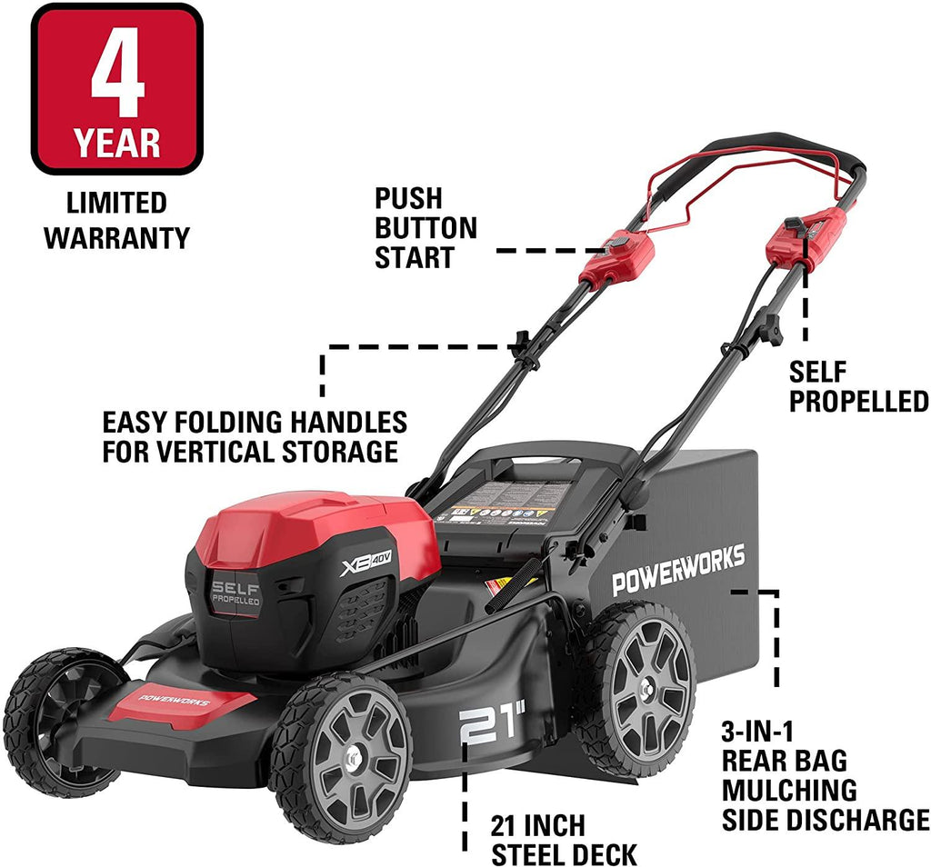 Powerworks XB 40V 21" Brushless Cordless Push Mower, Electric Self-Propelled Lawn Mower for Garden, with 4Ah Battery and Charger Included
