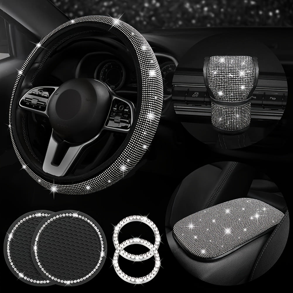 7Pcs/Set Car Decoration Kit, White Artificial Diamond Car Steering Wheel Cover, Center Console Cover Pad, Gear Shift Cover, Ignition Ring, Car Coaster