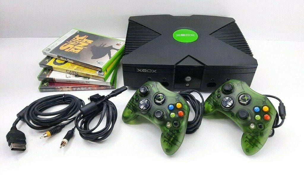 Original Microsoft Xbox Console Bundle w/ 2 Controllers, Cords 4 Games Works