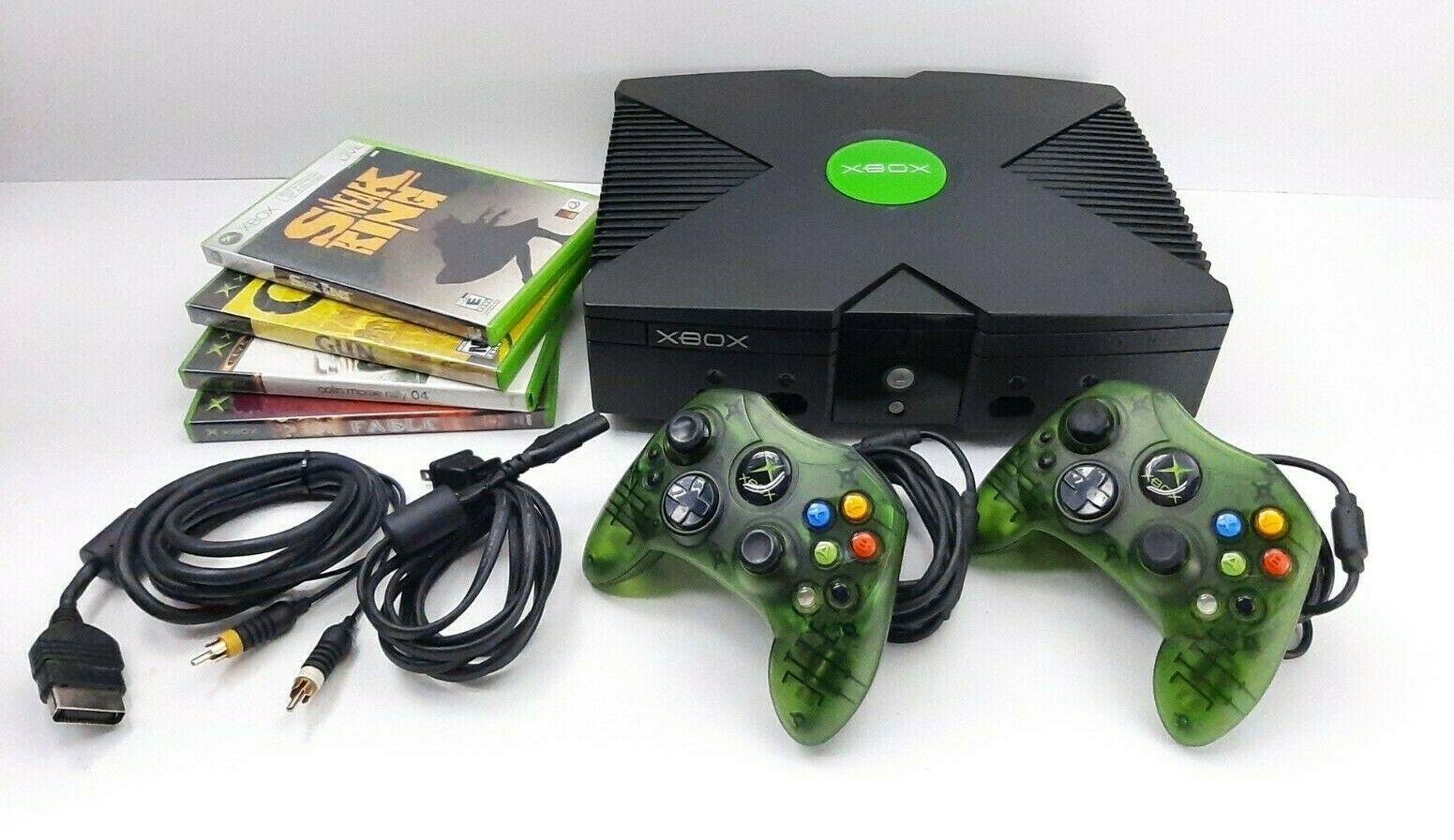 Original Microsoft Xbox Console Bundle w/ 2 Controllers, Cords 4 Games Works