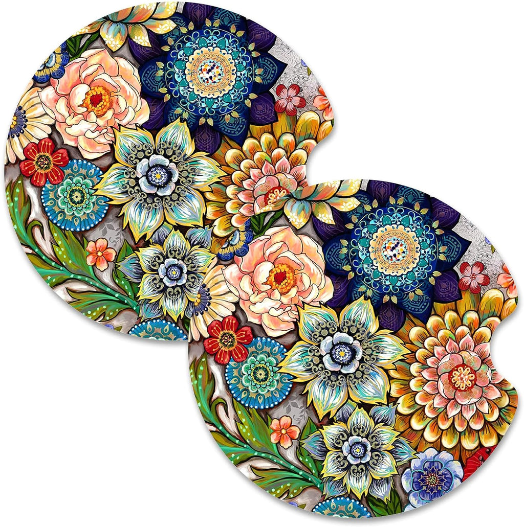 Nipichsha Car Cup Holder Coasters, Car Coasters for Cup Holders, 2 Pack Universal Anti Slip Insert Coaster, Rubber Car Cup Mat with A Finger Notch, Cute Car Interior Accessories for Women Men(Mandala)