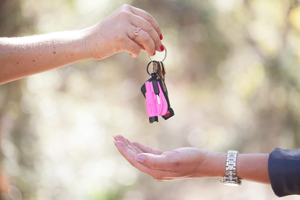 resqme Pack of 2,The Original Emergency Keychain Car Escape Tool, 2-in-1 Seatbelt Cutter and Window Breaker, Made in USA, Pink - Compact safety hammer
