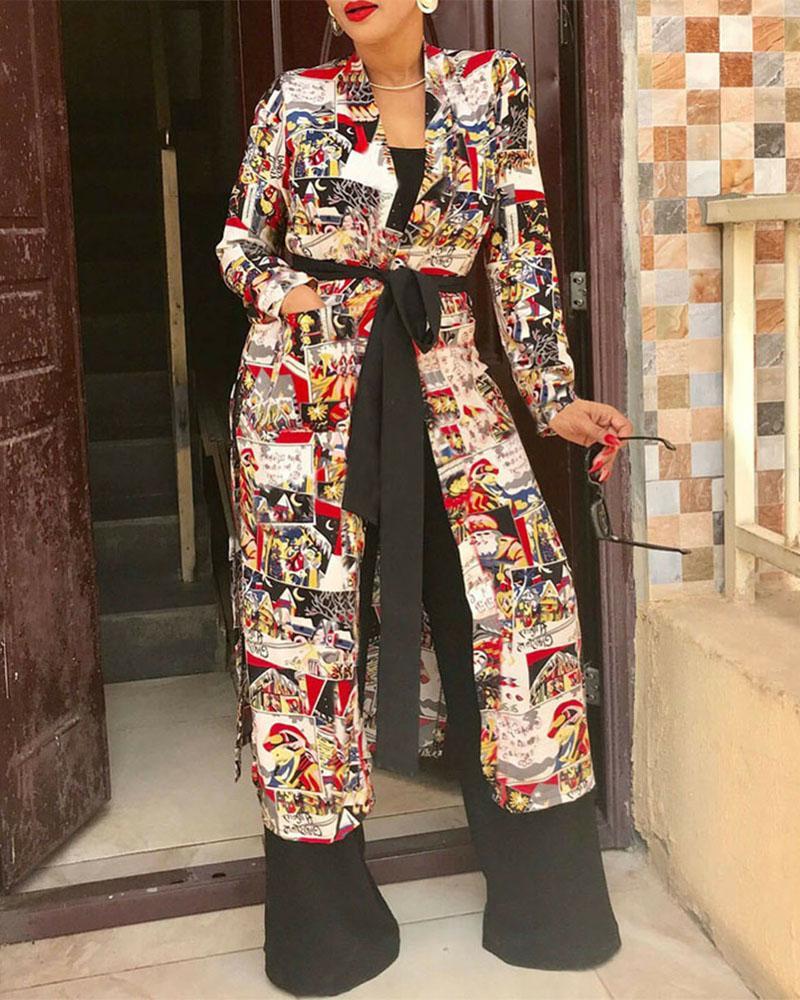 Graphic Print Open Front Split Hem Belted Longline Cardigan
