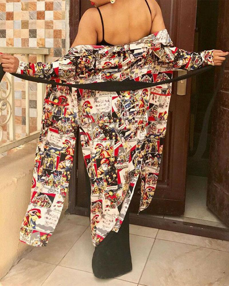 Graphic Print Open Front Split Hem Belted Longline Cardigan