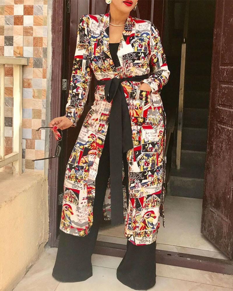 Graphic Print Open Front Split Hem Belted Longline Cardigan