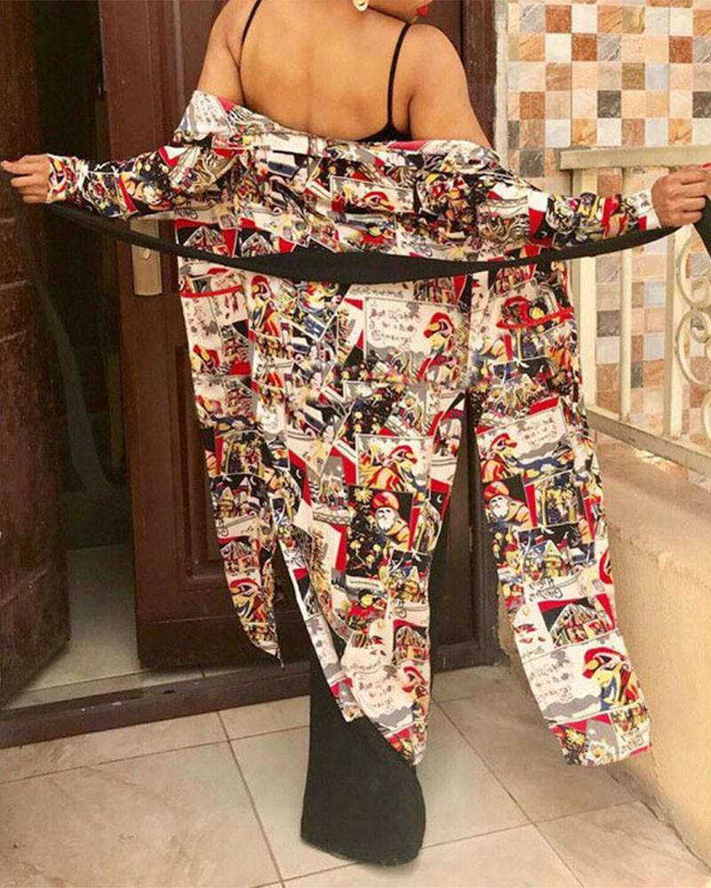 Graphic Print Open Front Split Hem Belted Longline Cardigan