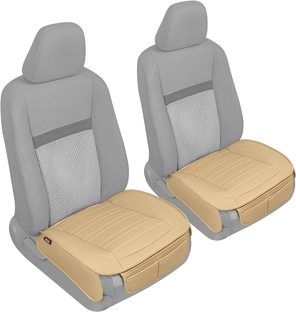 Motor Trend Seat Covers for Cars Trucks SUV, Faux Leather Beige Padded Car Seat Covers with Storage Pockets, Premium Interior Car Seat Cover, 2 x Front Seat Covers