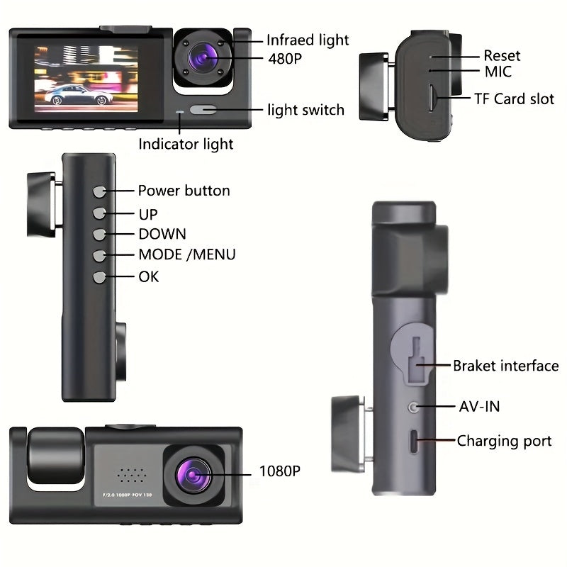3 Channel Dash Cam Front And Rear Inside, 1080P Car DVR Camera Video Recorder G-Sensor Night Vision/ParMonitor/Accident Lock/Loop Recording