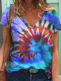 Casual Tie-dyed Print V-neck T-shirt