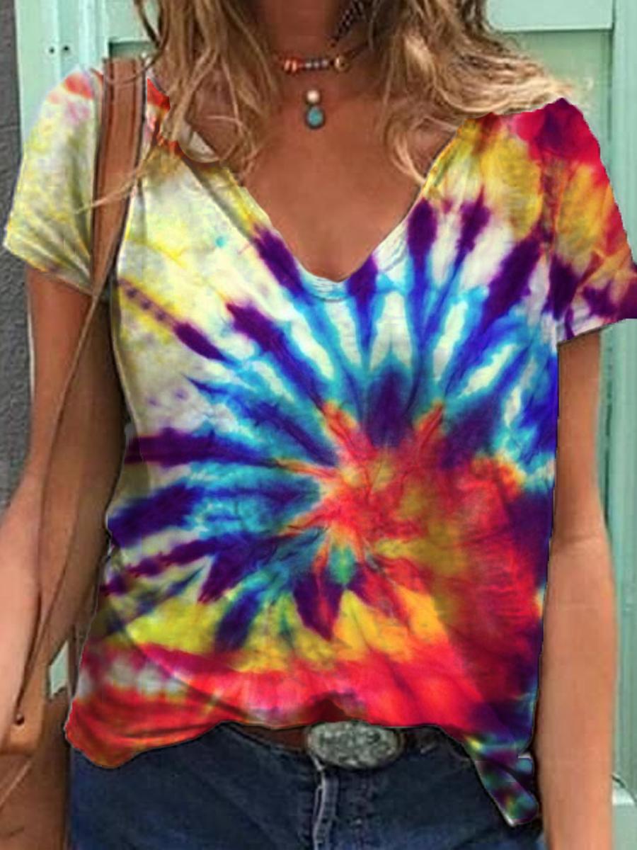 Casual Tie-dyed Print V-neck T-shirt