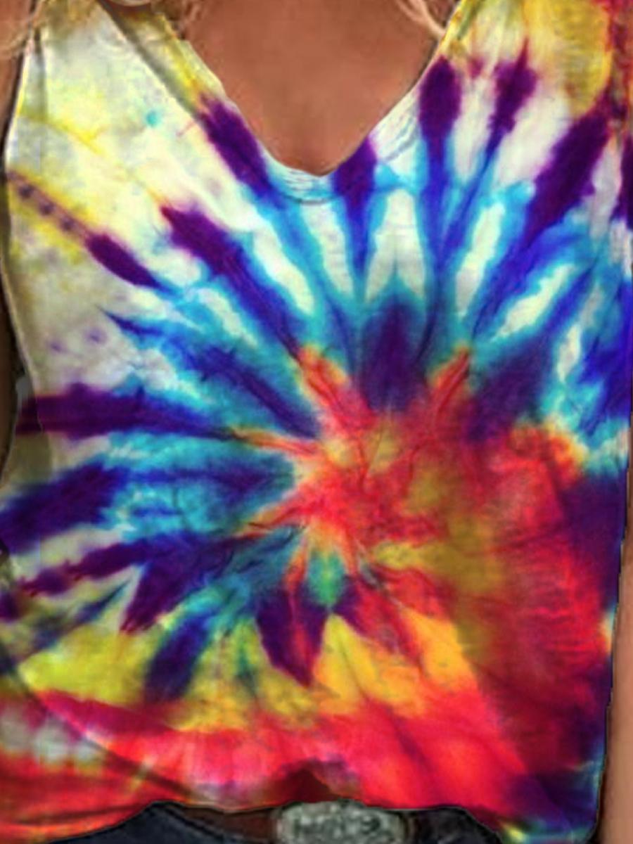 Casual Tie-dyed Print V-neck T-shirt