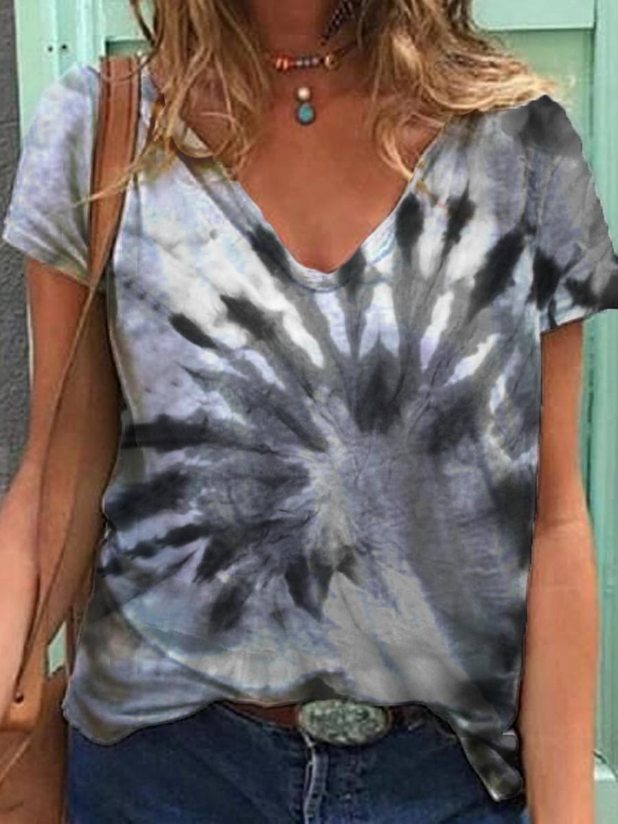 Casual Tie-dyed Print V-neck T-shirt