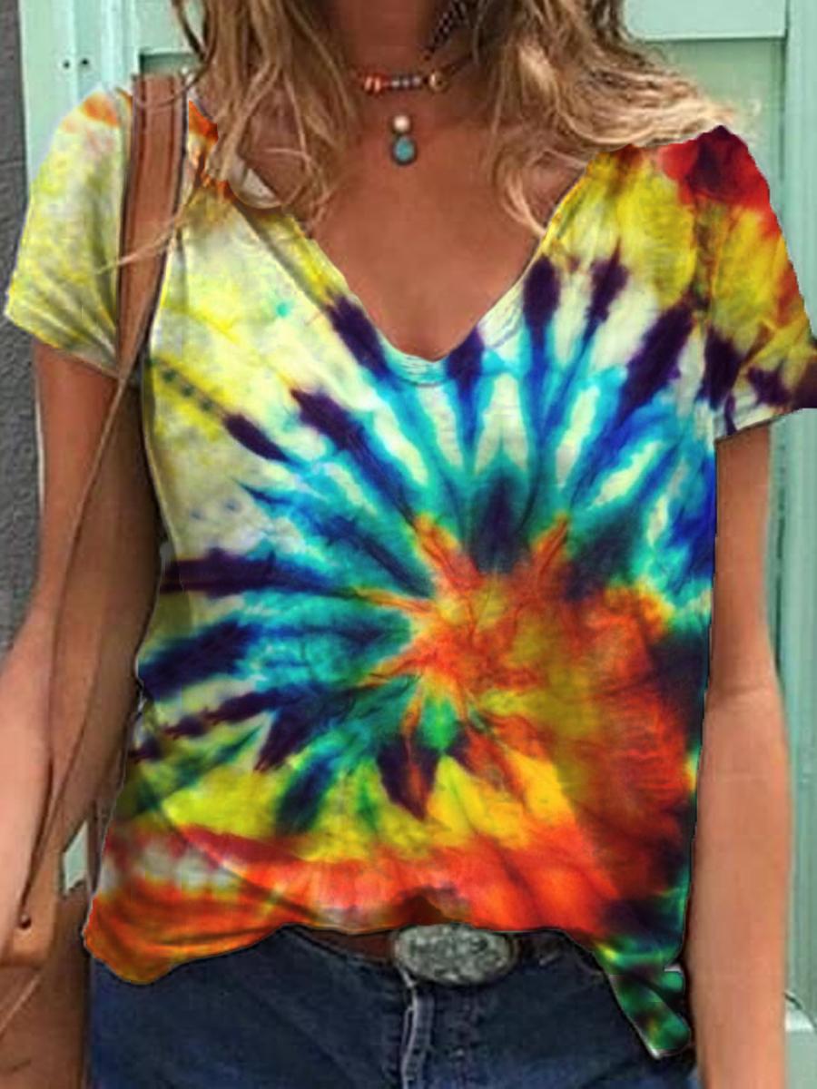 Casual Tie-dyed Print V-neck T-shirt