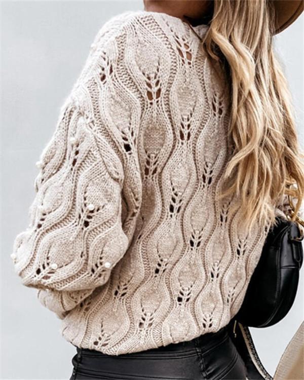 pure color round neck bubble bead hollow loose knitted sweater