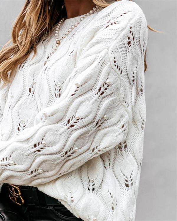 pure color round neck bubble bead hollow loose knitted sweater