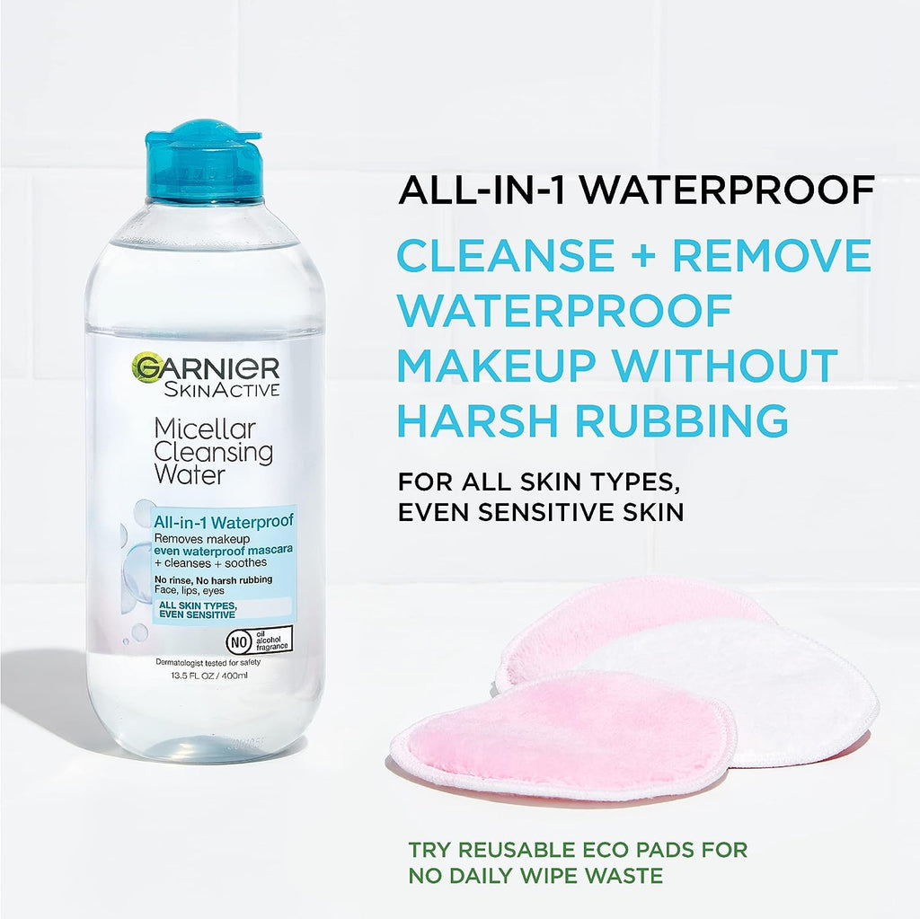 Garnier SkinActive Micellar Water For Waterproof Makeup, Facial Cleanser &amp; Makeup Remover, 13.5 Fl Oz (400mL), 1 Count (Packaging May Vary)