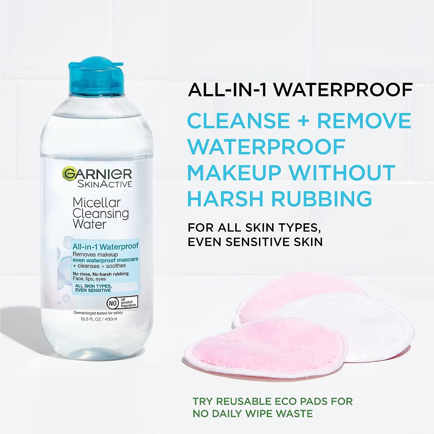 Garnier SkinActive Micellar Water For Waterproof Makeup, Facial Cleanser &amp; Makeup Remover, 13.5 Fl Oz (400mL), 1 Count (Packaging May Vary)