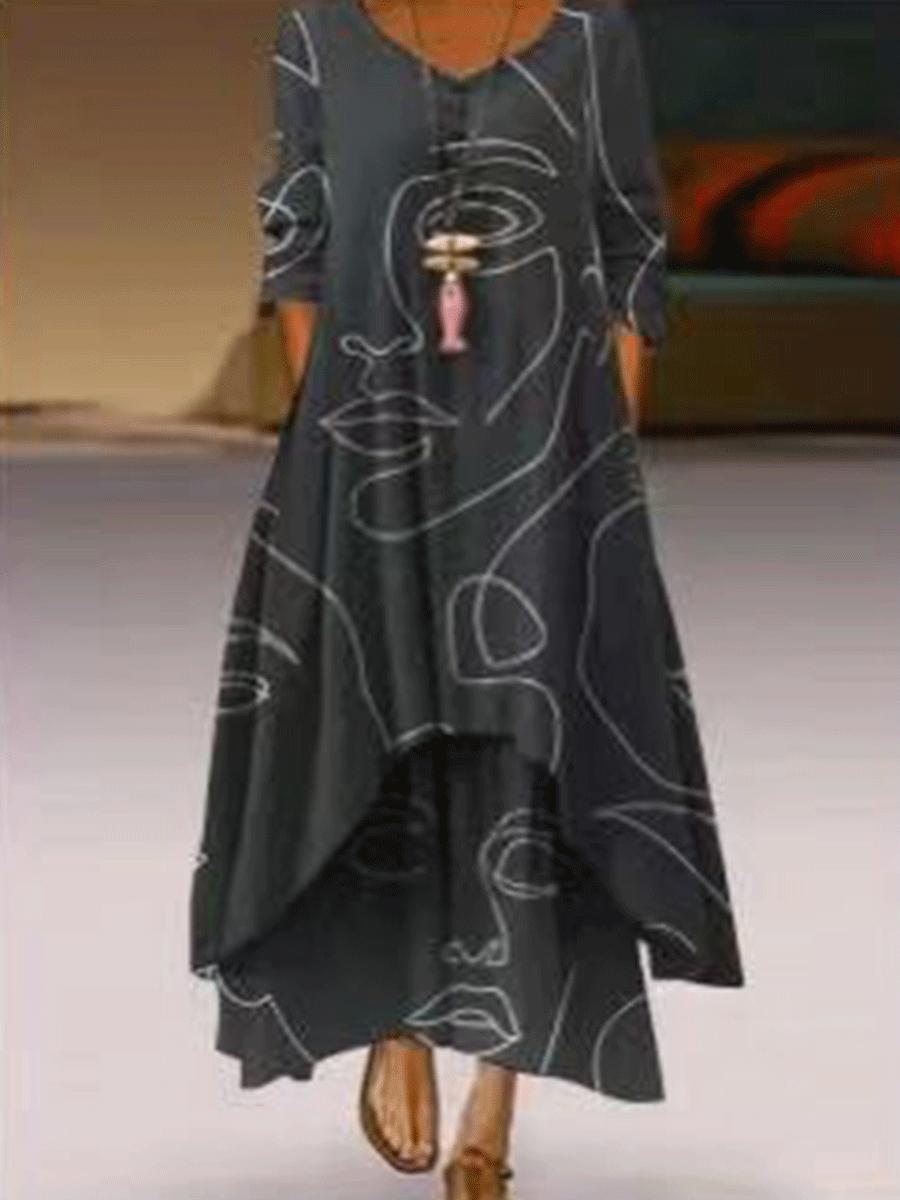 Round Neck Printed Long Sleeve Irregular Hem Dress