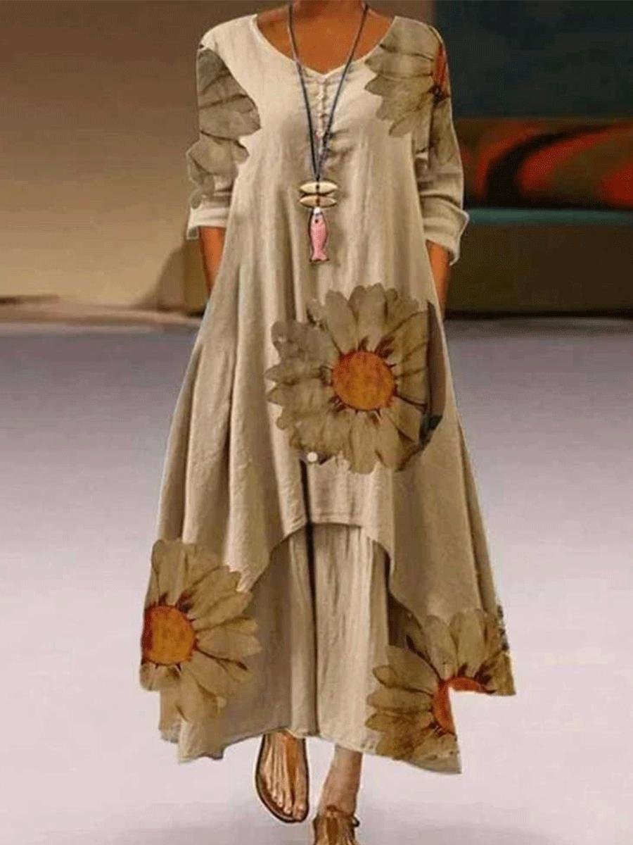 Round Neck Printed Long Sleeve Irregular Hem Dress