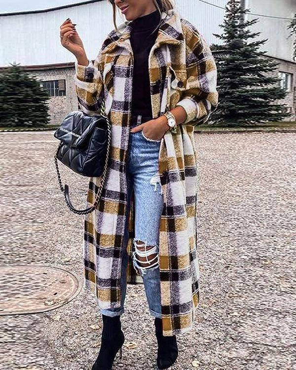 mid-length plaid print long sleeve coat