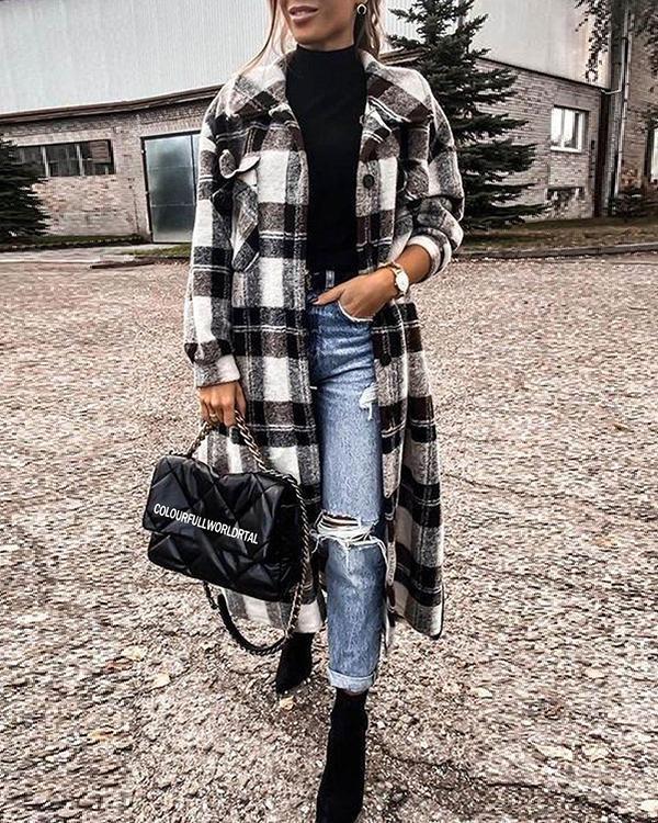 mid-length plaid print long sleeve coat